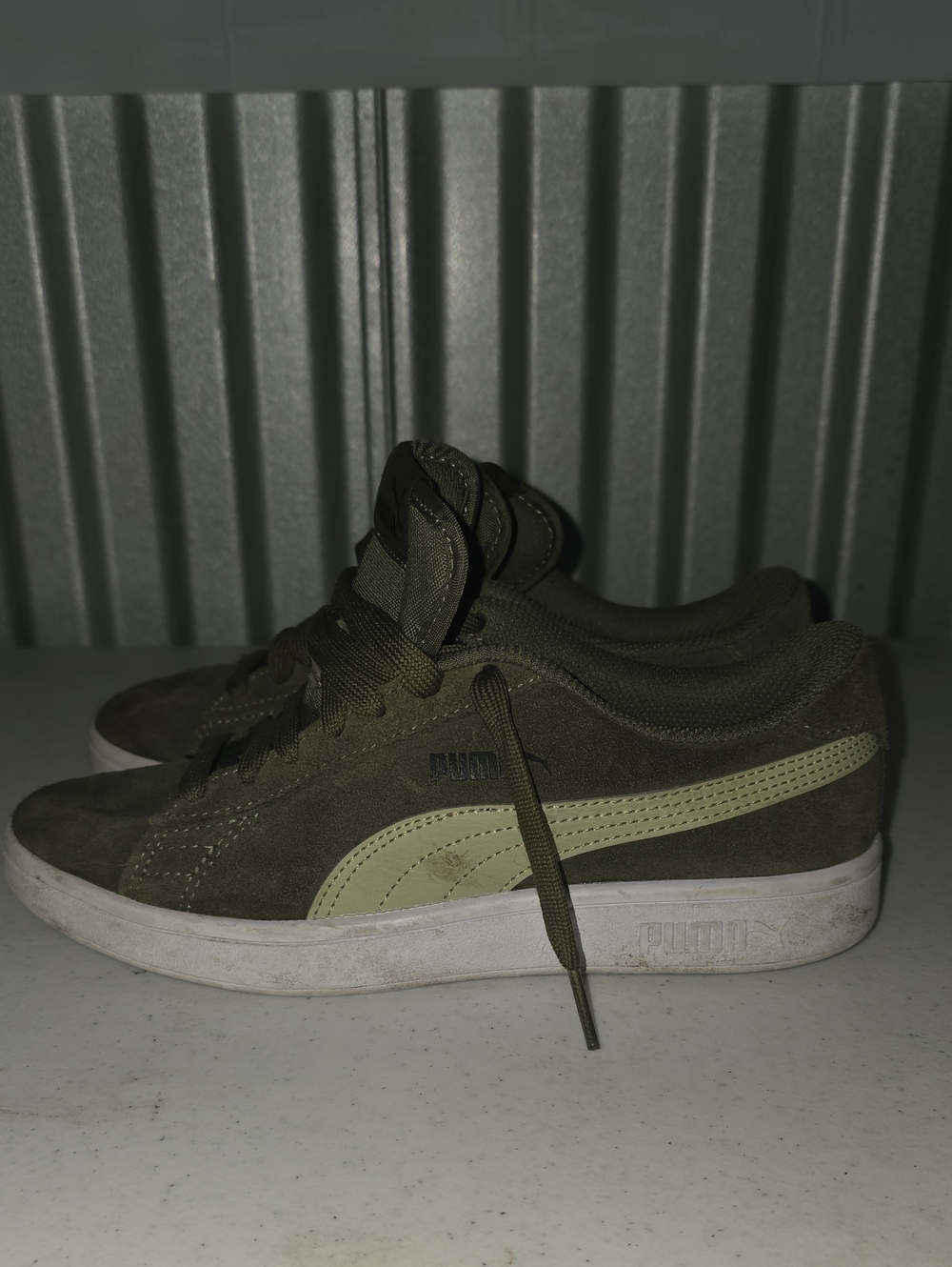 Puma Olive Green Suede Sneakers with Cream Stripe - Picture 3 of 6